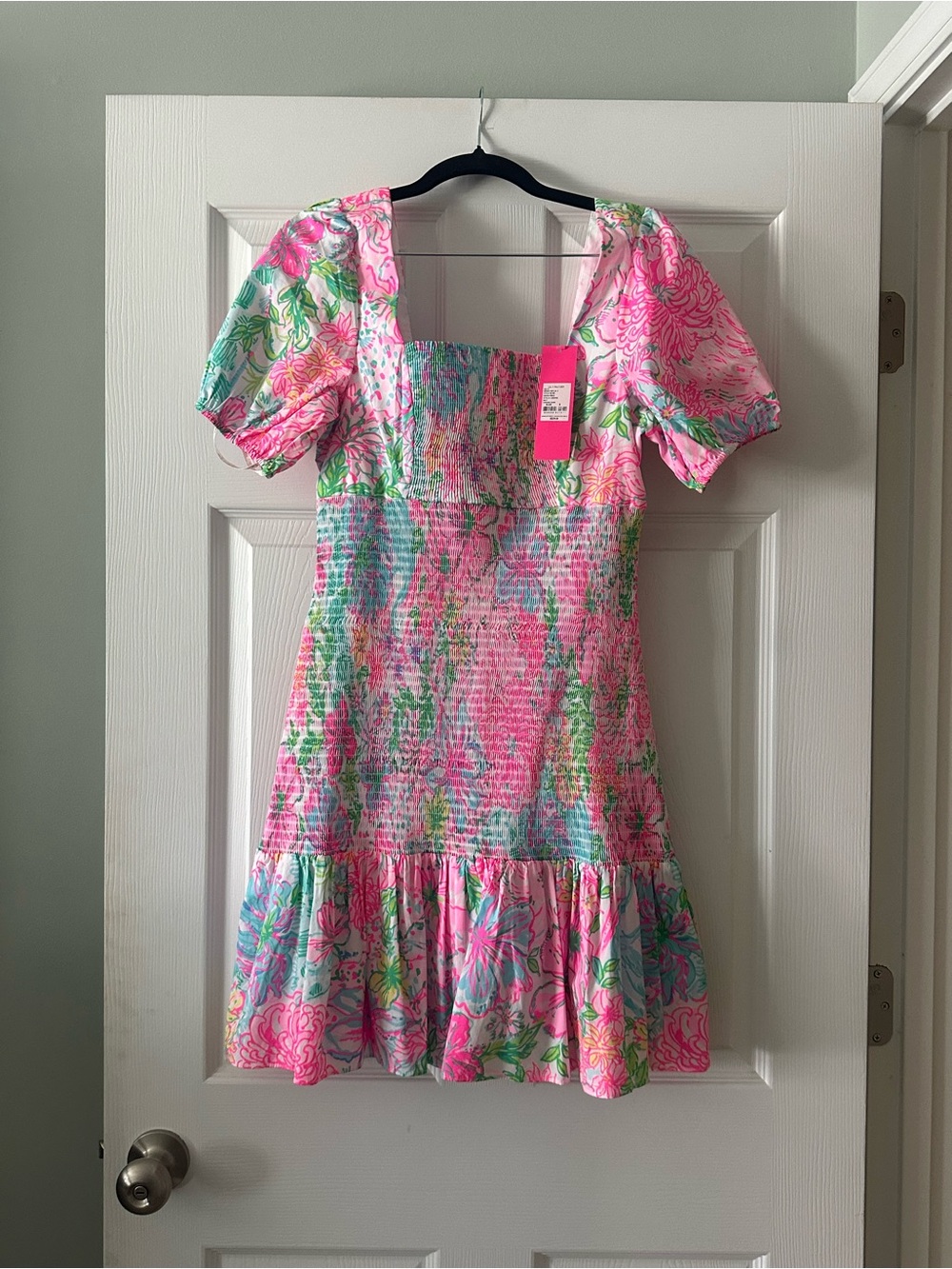 Lilly Pulitzer Pink Floral Square-Neck Puff Sleeve Dress